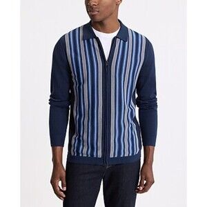 Express Size S Full Zip Cardigan Sweater Blue Striped Polo Collar Mod Retro EUC